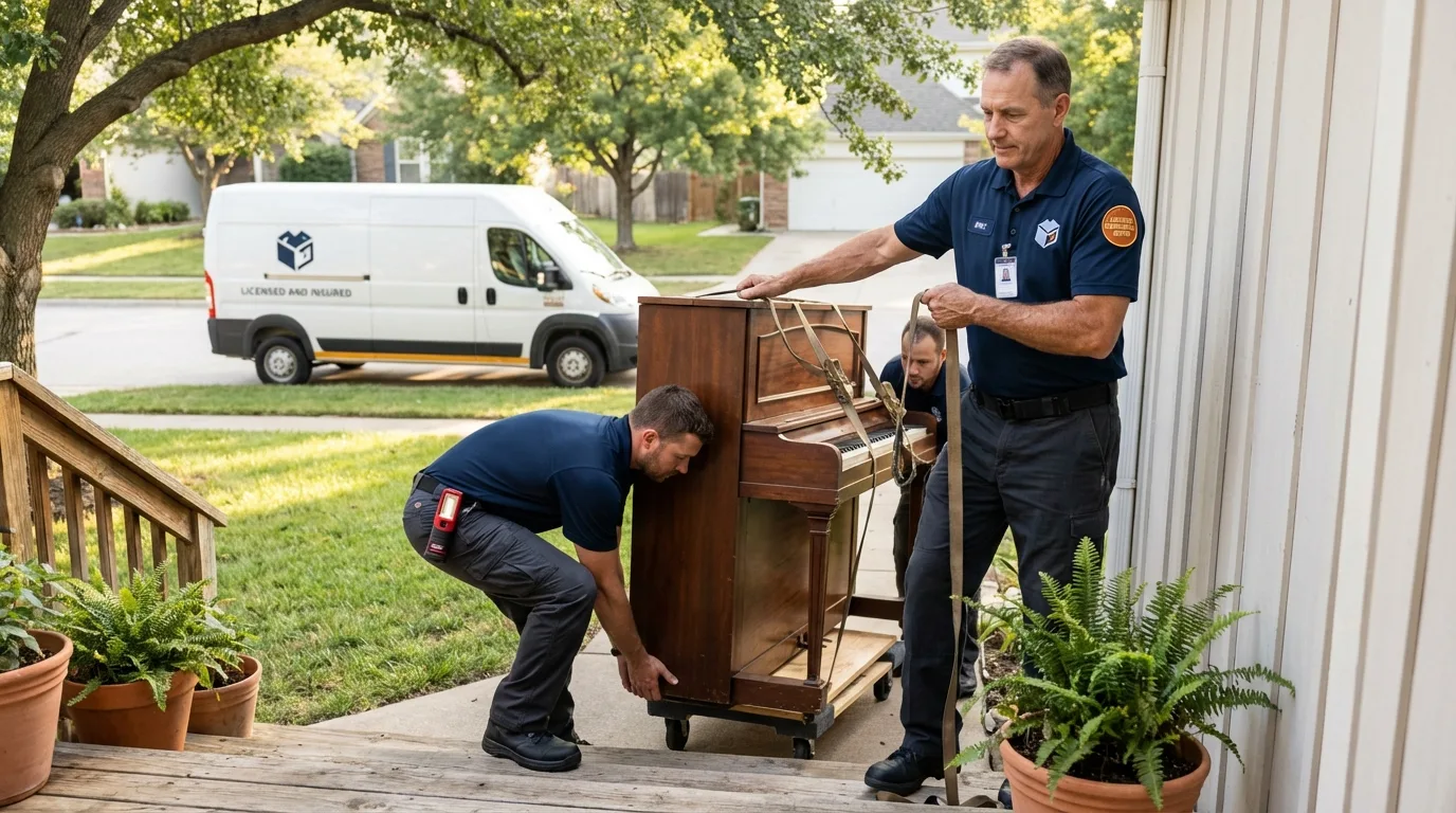 Licensed piano movers securing grand piano in Totowa, NJ
