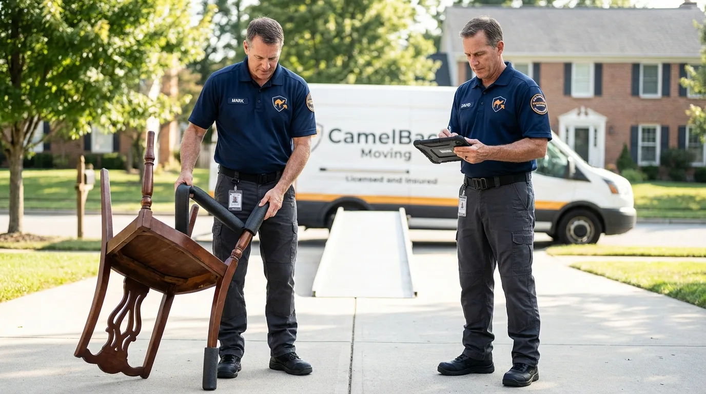 Movers inspecting furniture for damage prevention before loading in Totowa, NJ